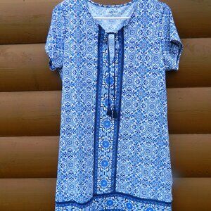 Lands' End Womens  Short Sleeve Boho Beach Blue Cover-up Dress Medium